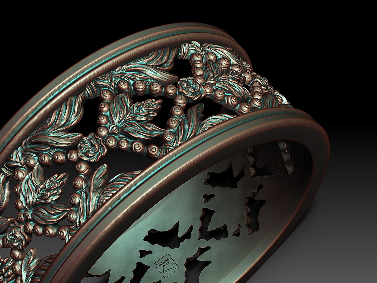 Close-up of the Braided Floral Ring showing the highly detailed sculptural floral ornament, interwoven elements, raised floral forms, and fine surface details.